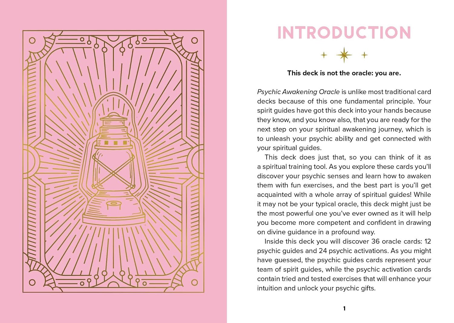 A pink card or booklet page with a gold ornamental border on the left and text on the right headed 'INTRODUCTION.' The page explains the deck and includes references to psychic awakening and spiritual guidance.