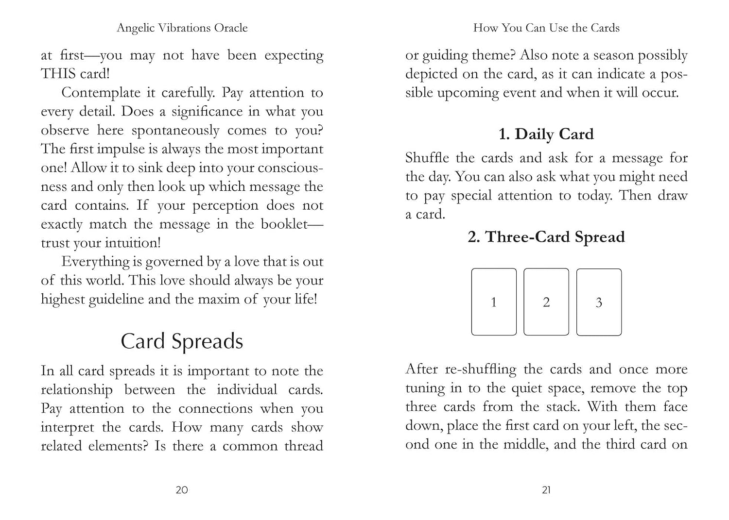 Instructions for using angelic vibrations oracle cards with text and card images on a white background.