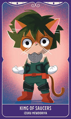 Cartoon cat character in a warrior outfit with a purple and pink gradient background