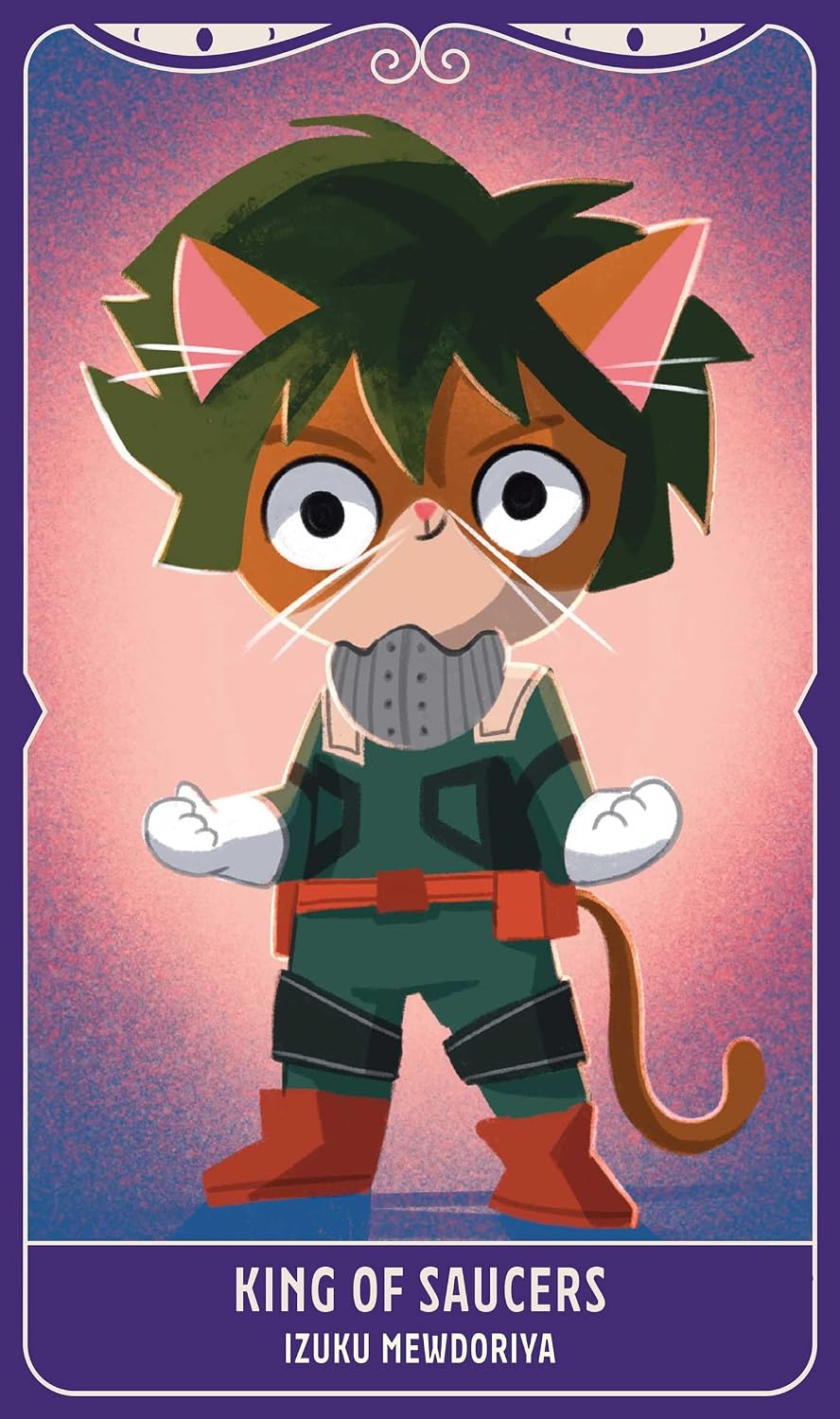 Cartoon cat character in a warrior outfit with a purple and pink gradient background
