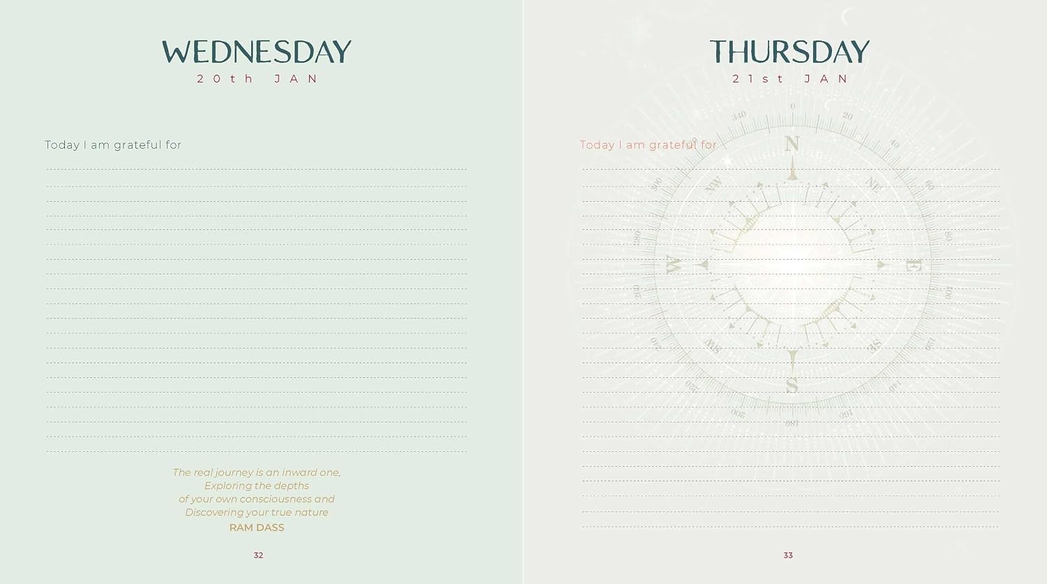 Two interior page spreads from a journal or planner, side by side. The left page is labeled Wednesday 21st Jan and has lined writing space with a short reflection prompt.