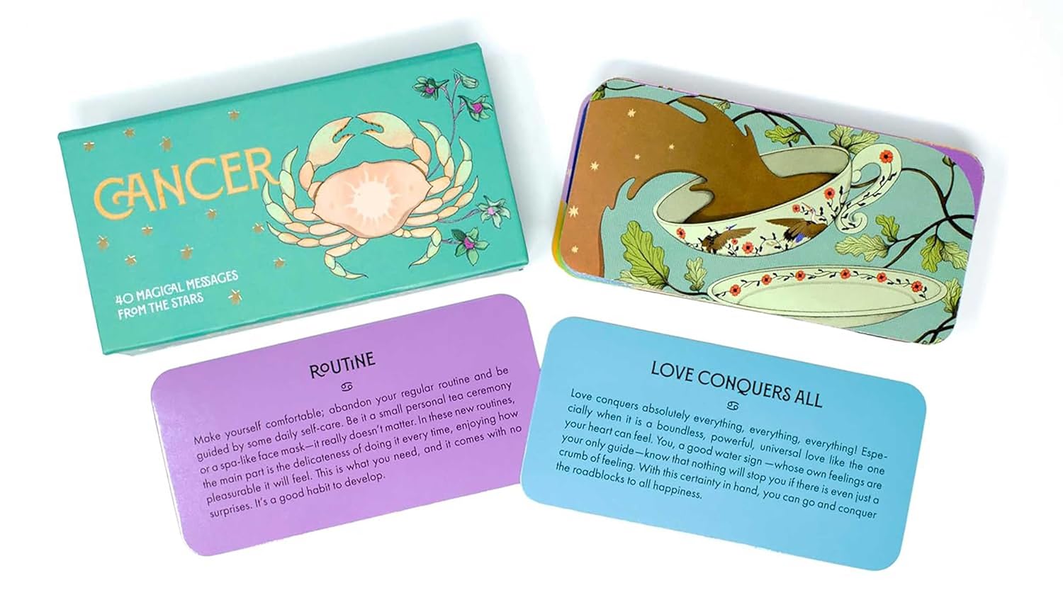 Set of tarot cards with zodiac signs and motivational phrases on a white background