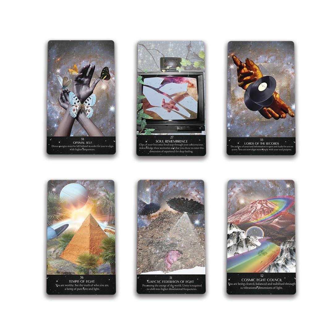 Set of six tarot cards with various designs and symbols on a white background