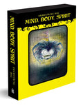 Drawstring bag packaging with 'Mind. Body. Spirit' text and a cartoon character on a yellow and black background.