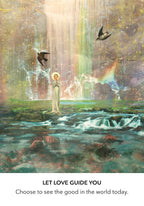 Person standing by a waterfall with birds and a rainbow, with text 'Let love guide you'.