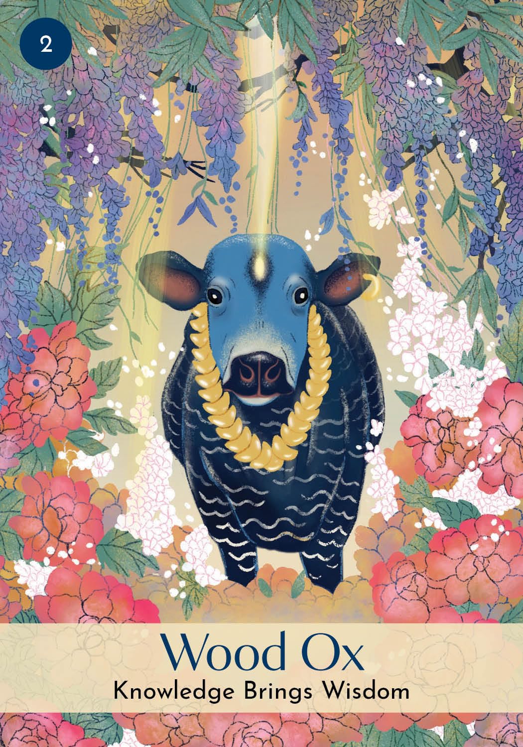 Illustration of a blue ox surrounded by colorful flowers and foliage with text 'Wood Ox: Knowledge Brings Wisdom'.