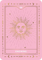 A pink tarot card titled 'KNOWING' with a gold line-art sun face at the center, surrounded by decorative celestial and geometric symbols. The card is numbered 26 at the top.
