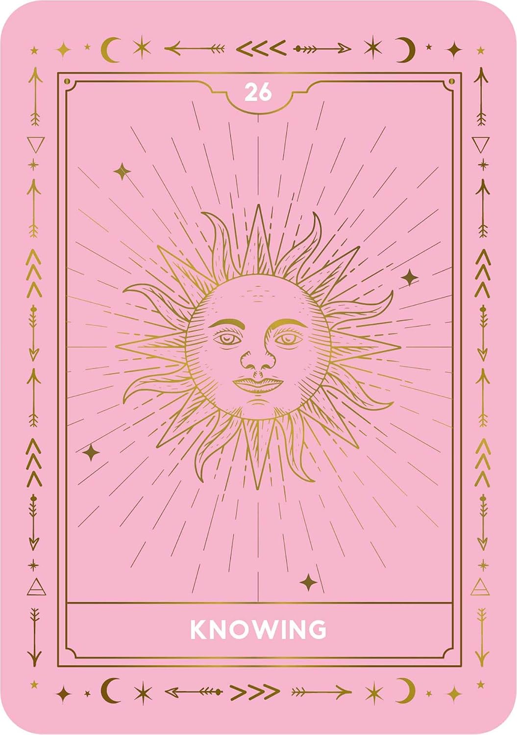 A pink tarot card titled 'KNOWING' with a gold line-art sun face at the center, surrounded by decorative celestial and geometric symbols. The card is numbered 26 at the top.