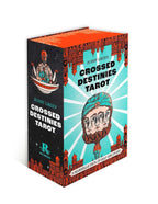 A boxed tarot deck titled 'Crossed Destinies Tarot' by Bobby Green, shown as a 3D box mockup on a white background. The box design features a black side panel with an illustration of a figure in a boat, a turquoise front panel with a stylized face illustration, and orange decorative border details.