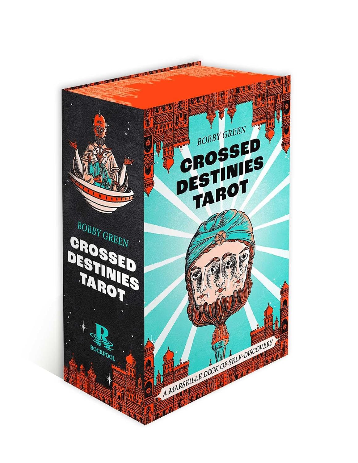 A boxed tarot deck titled 'Crossed Destinies Tarot' by Bobby Green, shown as a 3D box mockup on a white background. The box design features a black side panel with an illustration of a figure in a boat, a turquoise front panel with a stylized face illustration, and orange decorative border details.