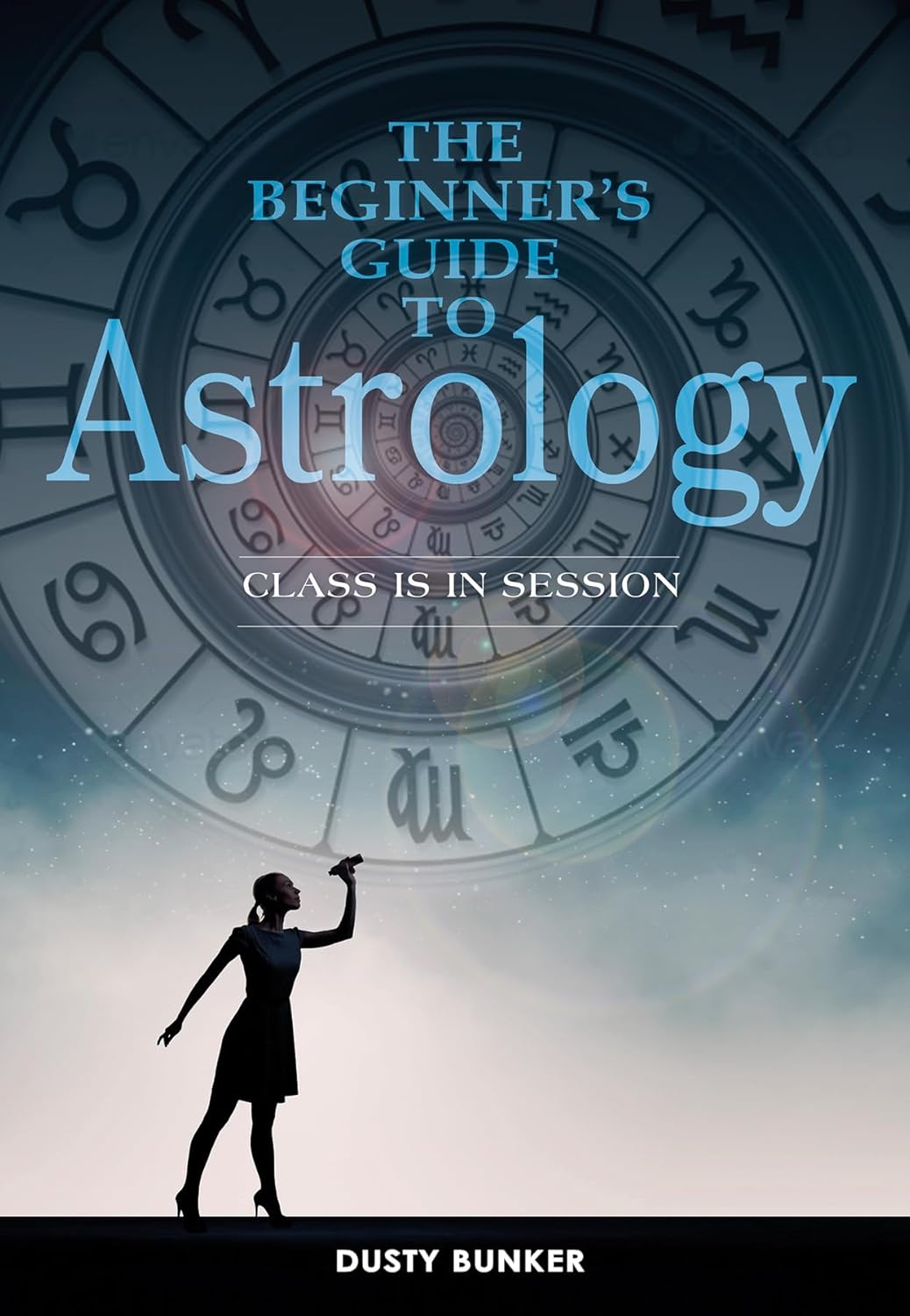 Book cover of 'The Beginner's Guide to Astrology' with astrological symbols and a silhouette of a woman.