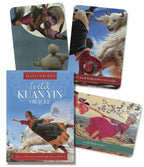 Wild Kuan Yin Oracle cards with artwork of people and animals on a white background