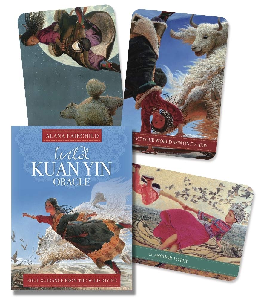 Wild Kuan Yin Oracle cards with artwork of people and animals on a white background