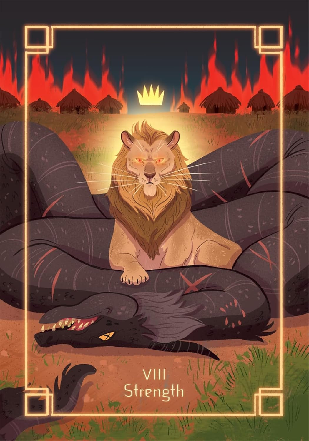 Illustration of a lion and snake with flames and huts in the background, labeled 'Strength'.