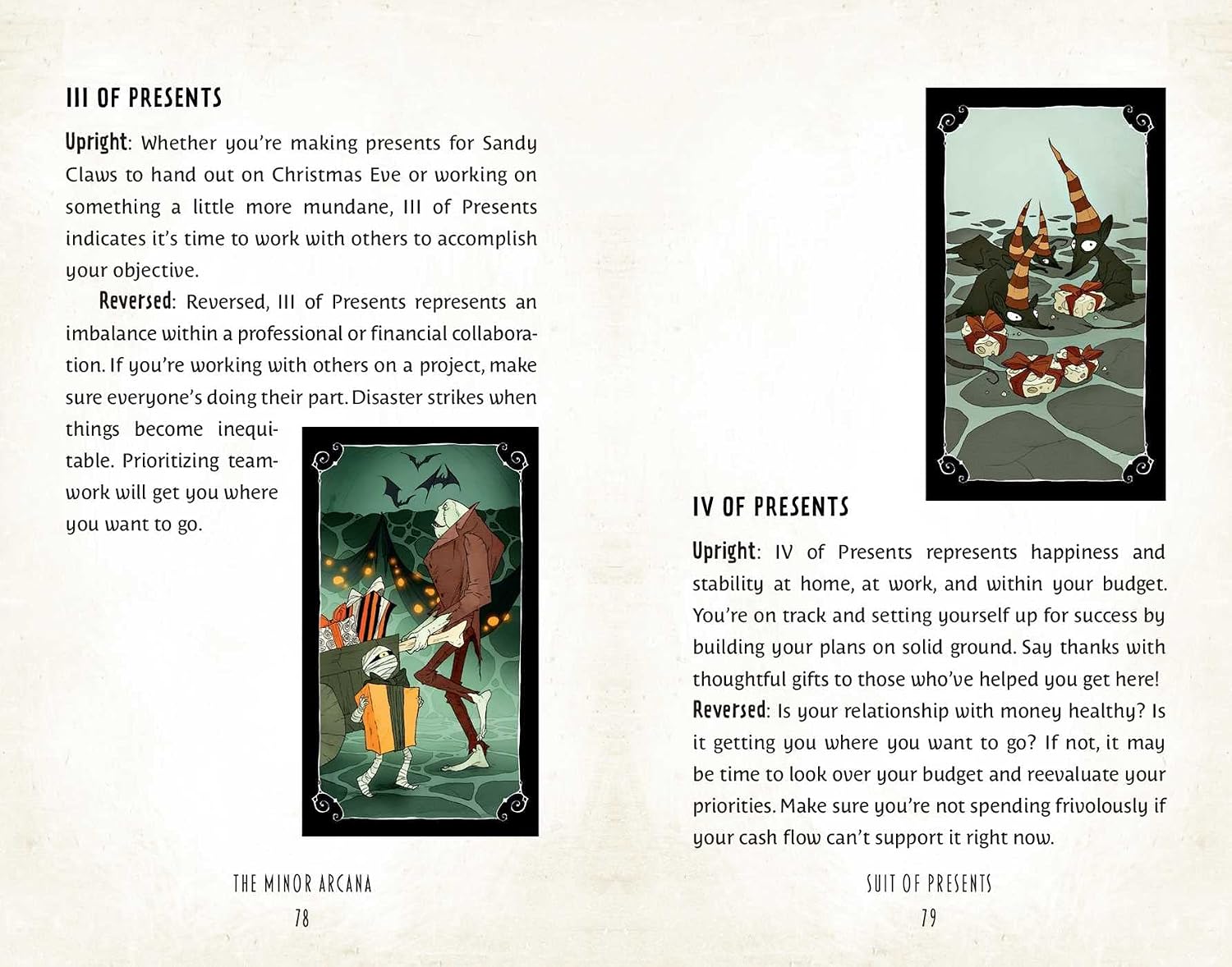 Page from a tarot card book showing illustrations and text for 'III of Presents' and 'IV of Presents'.