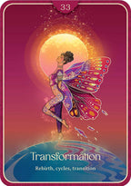 A stylized tarot card titled 'Transformation' with the subtitle 'Rebirth, cycles, transition.' The card features an illustrated fairy-like woman in a purple outfit with large iridescent butterfly wings, standing over blue water beneath a glowing yellow sun against a pink and purple sky.