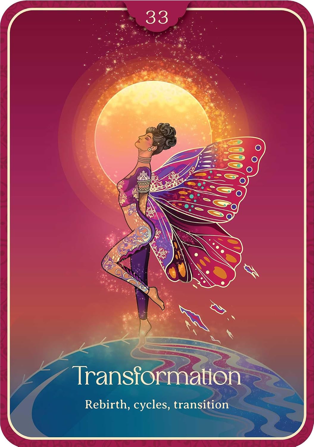 A stylized tarot card titled 'Transformation' with the subtitle 'Rebirth, cycles, transition.' The card features an illustrated fairy-like woman in a purple outfit with large iridescent butterfly wings, standing over blue water beneath a glowing yellow sun against a pink and purple sky.