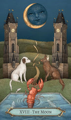 Card titled 'XVIII - The Moon' featuring two dogs, a lobster, and a moon face above a castle.