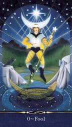 Tarot card featuring a figure with a crescent moon, stars, and mountains in the background.