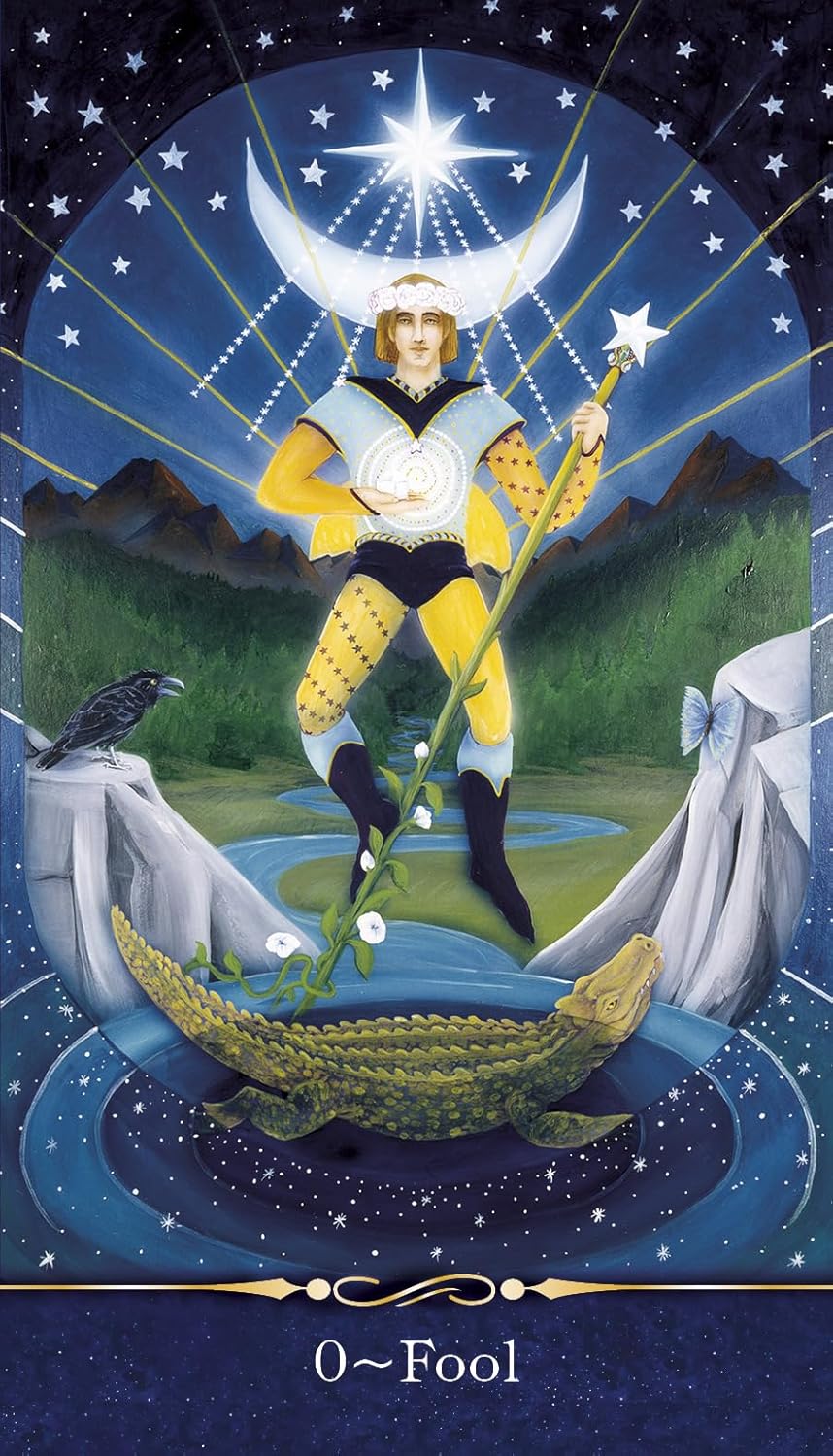 Tarot card featuring a figure with a crescent moon, stars, and mountains in the background.