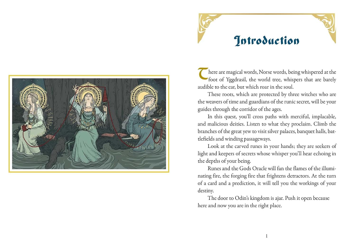 A printed page from a book or booklet with the heading 'Introduction,' a decorative gold border, a short excerpt of text, and a framed illustration on the left showing three robed figures in a circular composition.