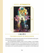 A printed card or booklet page titled 'VIII-STRENGTH' with a central colorful illustration of a lion and a dark figure, plus explanatory text below and Hebrew/Arabic symbols. This is not a clean product photo of a physical item in use, and it is not a measurement chart, color swatch, or instruction diagram; it reads as a digital/print informational page, so subject_type is Other.