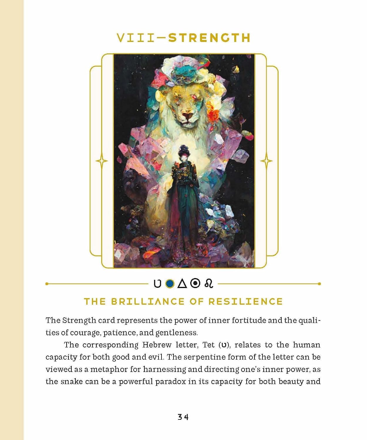 A printed card or booklet page titled 'VIII-STRENGTH' with a central colorful illustration of a lion and a dark figure, plus explanatory text below and Hebrew/Arabic symbols. This is not a clean product photo of a physical item in use, and it is not a measurement chart, color swatch, or instruction diagram; it reads as a digital/print informational page, so subject_type is Other.