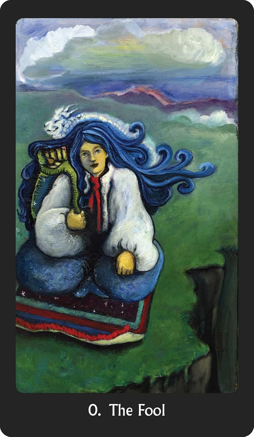 Tarot card featuring a person with blue hair and white clothing, sitting on a green landscape.