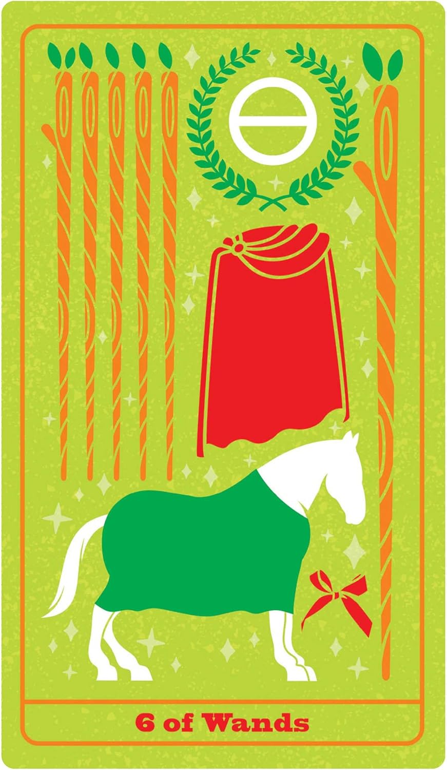 Card from a tarot deck with a horse, red cloth, and green leaves on a green background