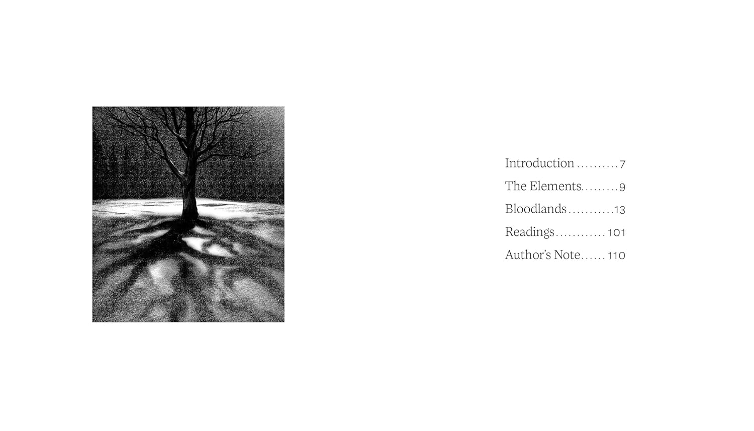 Black and white image of a tree with long shadows on a white background, accompanied by a table of contents.
