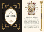 A book or booklet spread titled "SWORDS" with ornate gold decorative framing on a black left panel and cream right panel containing text and an illustrated crest.