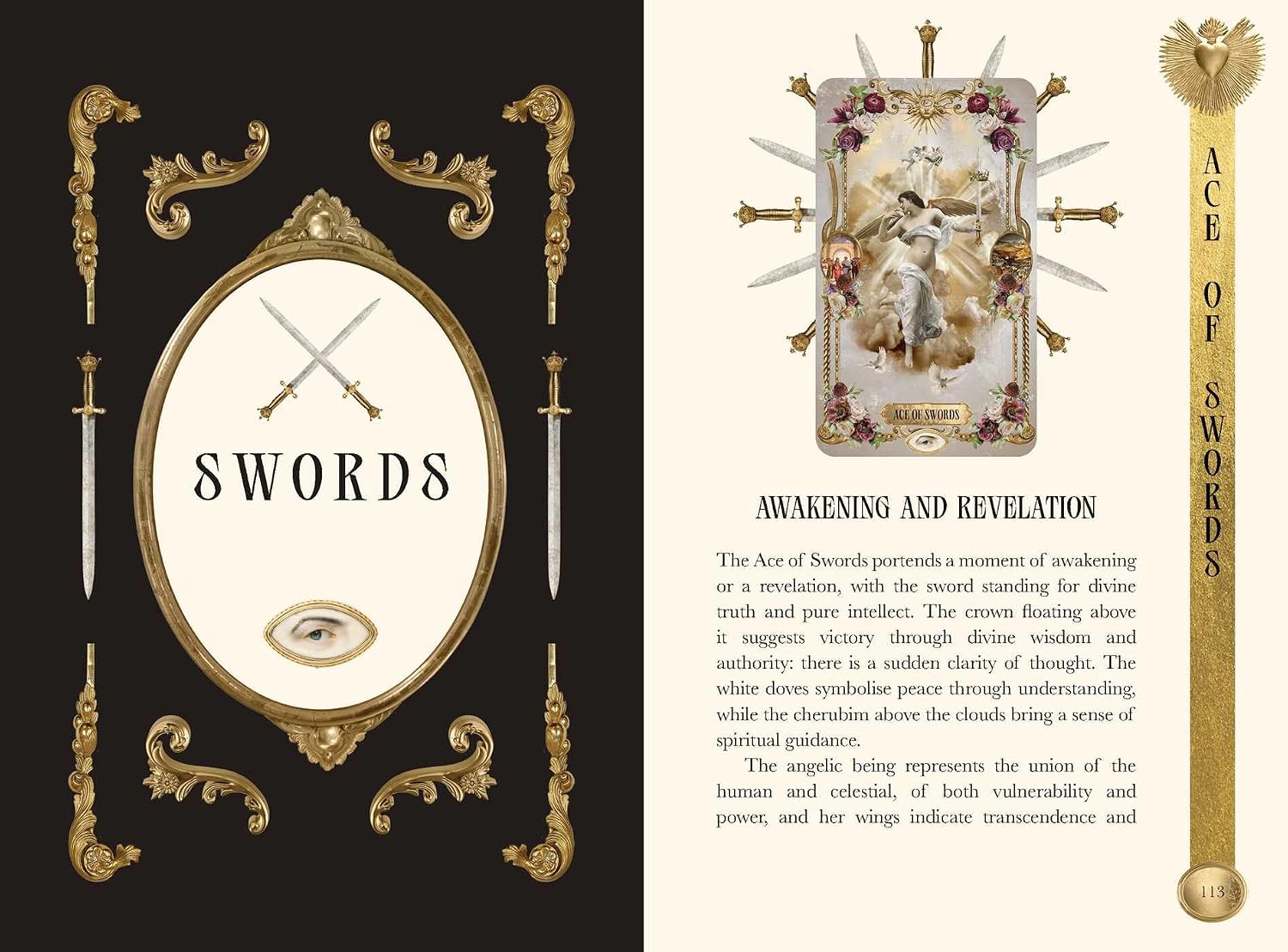 A book or booklet spread titled "SWORDS" with ornate gold decorative framing on a black left panel and cream right panel containing text and an illustrated crest.