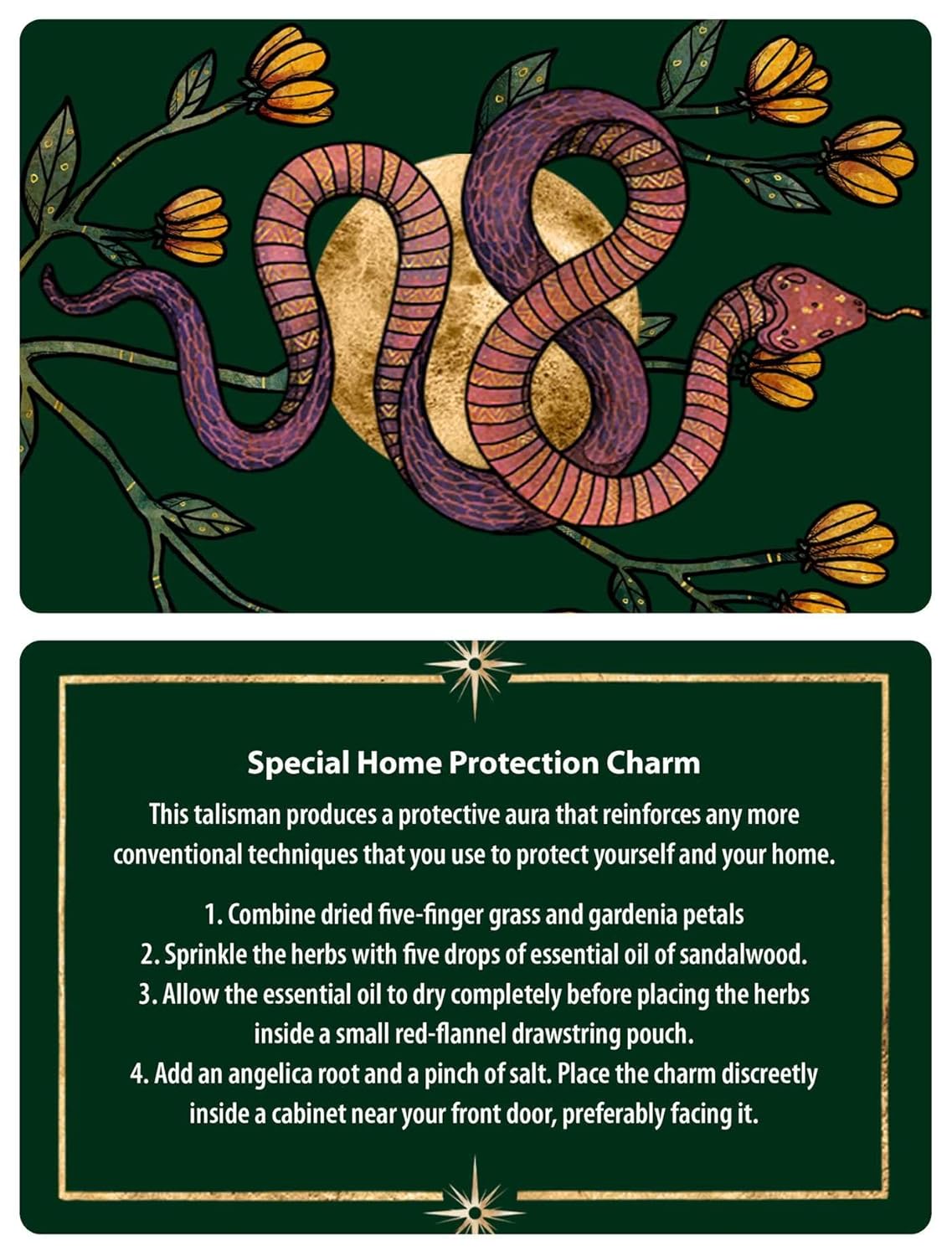 Decorative card with a snake illustration and home protection charm instructions.