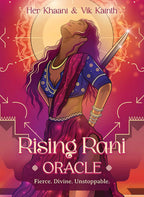 Book cover of 'Rising Rani Oracle' with an illustration of a woman holding a sword against a vibrant background.