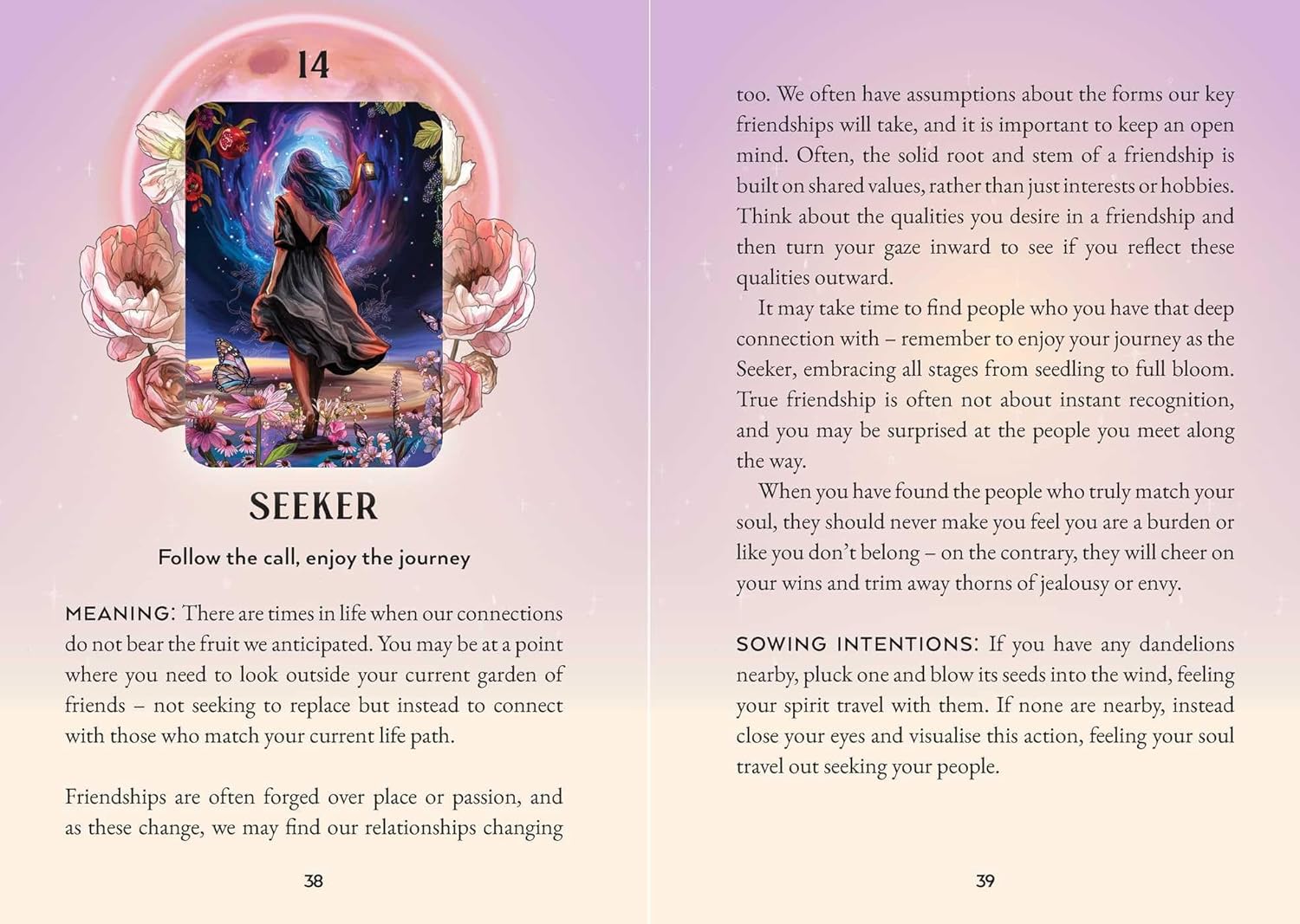 Page from a book or magazine featuring an illustration of a woman with a butterfly and text about friendship and personal growth.