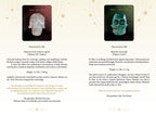 Two crystal skulls with descriptions and information on a white background