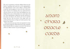 An interior page from a card deck booklet or guide, with printed text on the left and the title 'Anam Ching Oracle Cards' on the right. The page has a warm cream background, brown lettering, small gold star illustrations, and a vertical orange stripe along the left edge.
