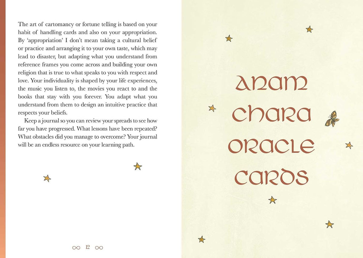 An interior page from a card deck booklet or guide, with printed text on the left and the title 'Anam Ching Oracle Cards' on the right. The page has a warm cream background, brown lettering, small gold star illustrations, and a vertical orange stripe along the left edge.