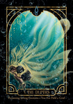 Tarot card titled 'The Depths' with a person underwater and a large fish, surrounded by bubbles.