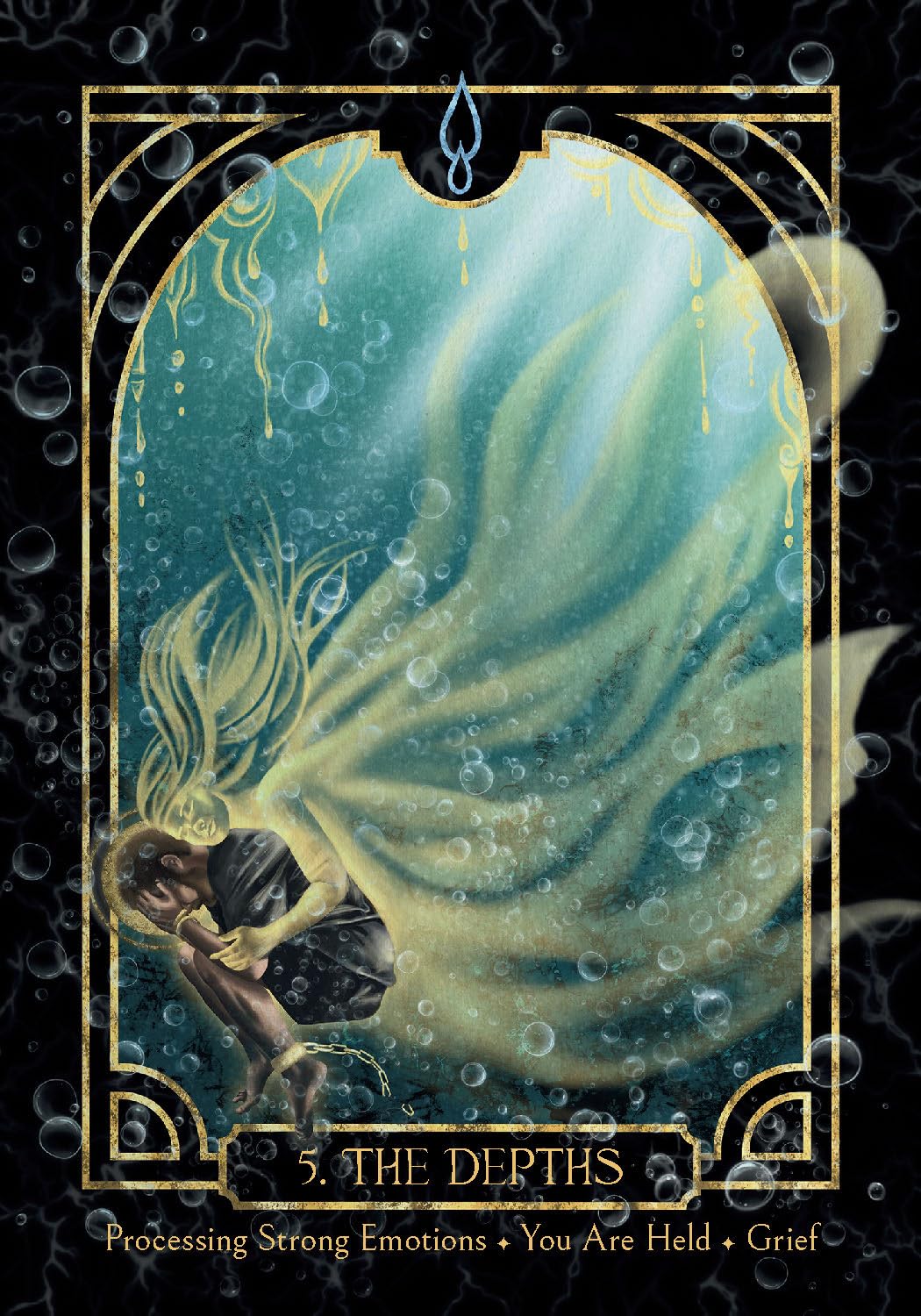 Tarot card titled 'The Depths' with a person underwater and a large fish, surrounded by bubbles.