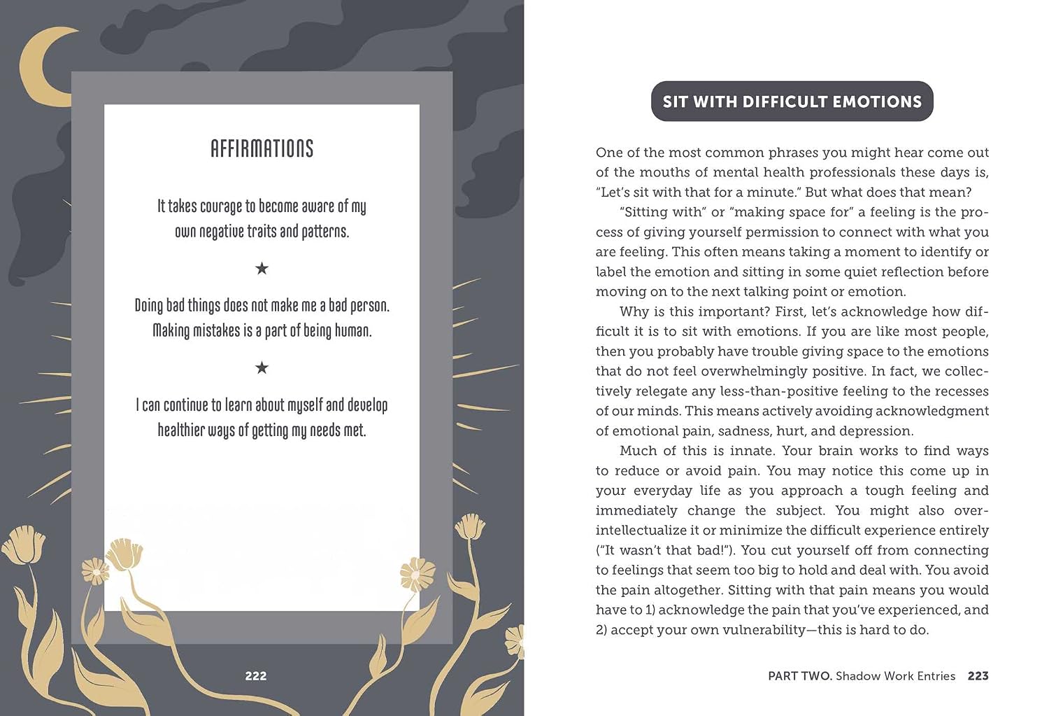 An open book or booklet spread showing two pages of printed text with decorative gold and gray border flourishes along the left margin. The left page has the heading 'AFFIRMATIONS' and the right page has the heading 'SIT WITH DIFFICULT EMOTIONS.