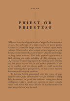 A book or magazine interior page with a warm tan background, featuring the title 'PRIEST OR PRIESTESS' in large serif letters and a block of explanatory text below. The word 'DREAM' appears at the top as a section or series label.