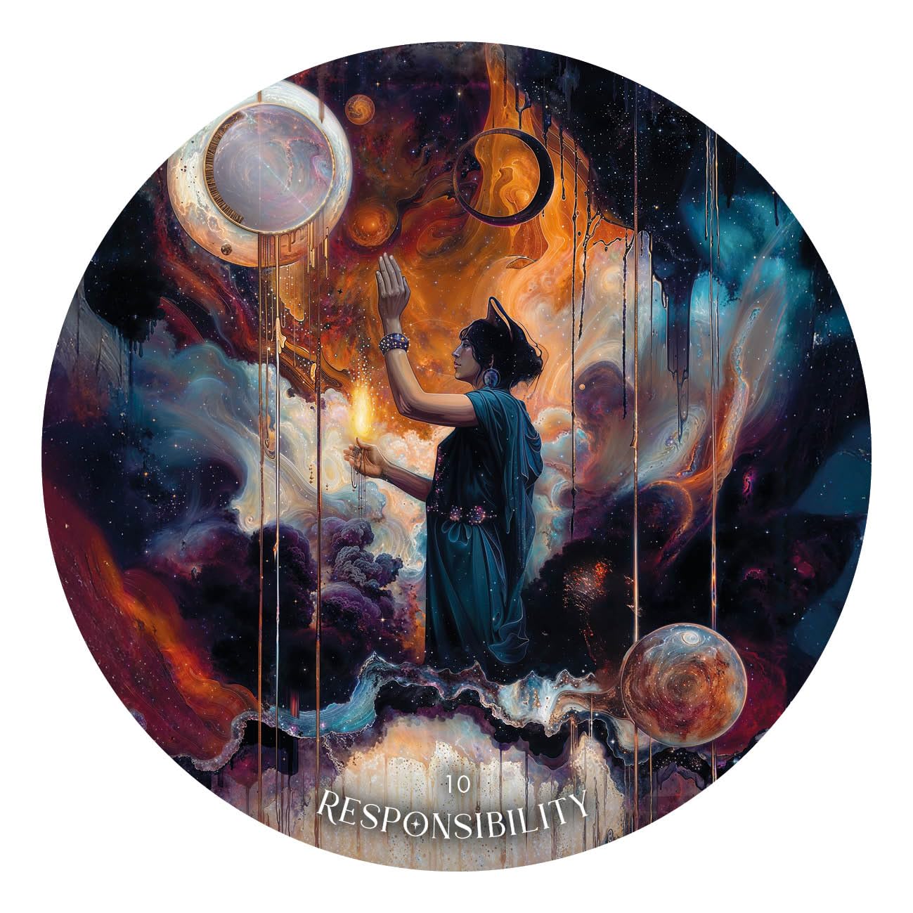 Circular artwork with a person holding a candle against a cosmic background, labeled 'Responsibility'.