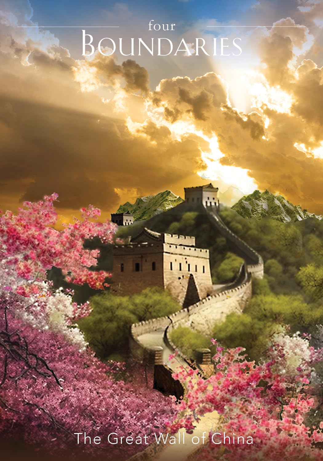 Great Wall of China with cherry blossoms and dramatic sky, 'Four Boundaries' book cover.