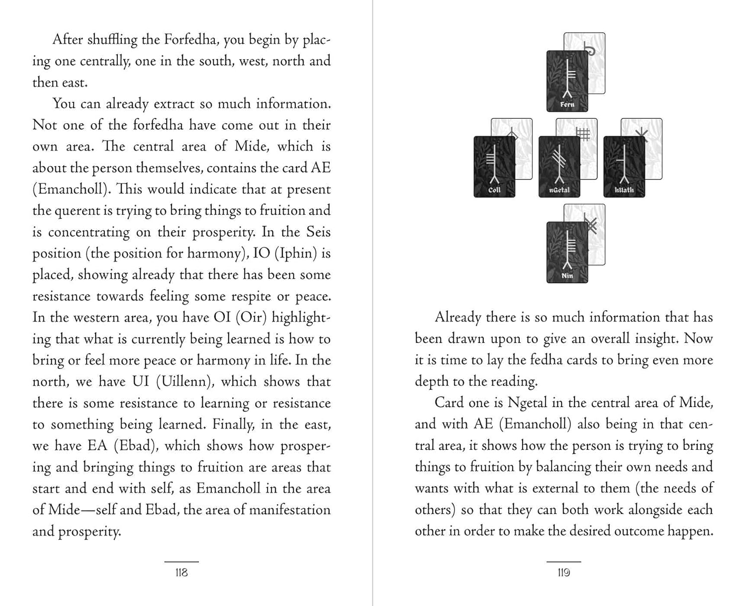 Page from a book with text and tarot card illustrations on a white background