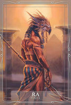 Illustration of the Egyptian god Ra with hieroglyphic text on a warm-toned background