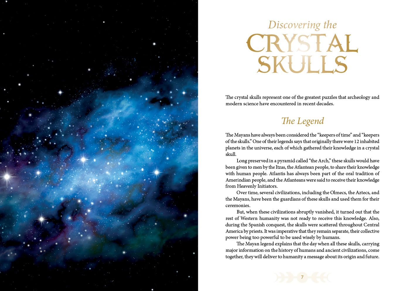 Page from a book or magazine featuring space-themed illustration and text about crystal skulls.