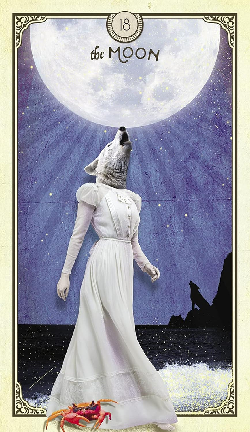 Card featuring a woman in a white dress with a wolf's head, howling at the moon, with a crab at the bottom.