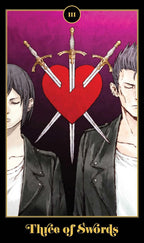 Card from a tarot deck with three swords piercing a heart on a purple background