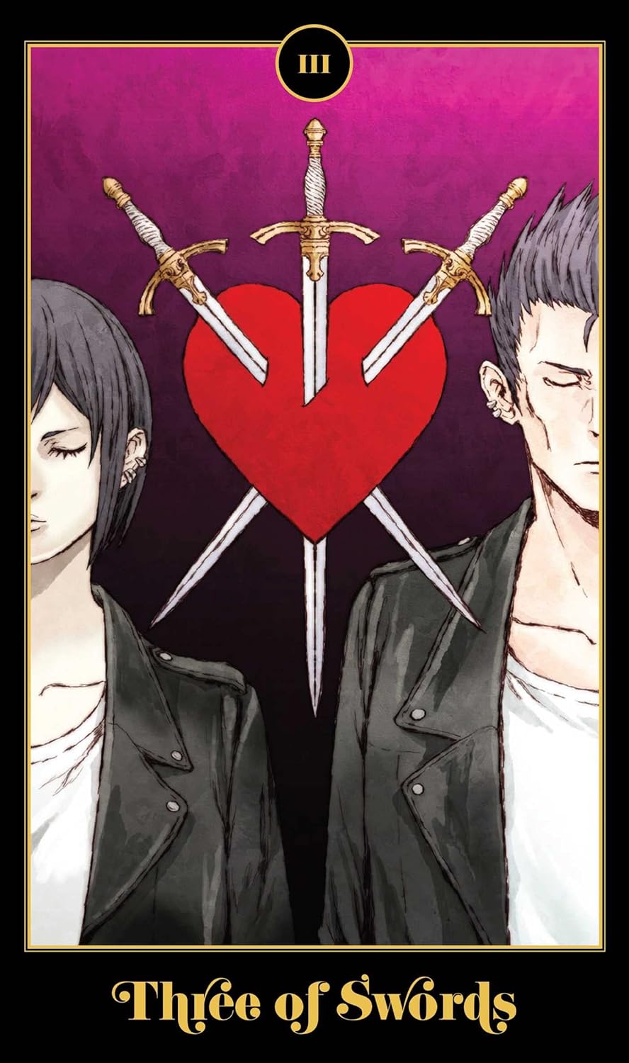 Card from a tarot deck with three swords piercing a heart on a purple background